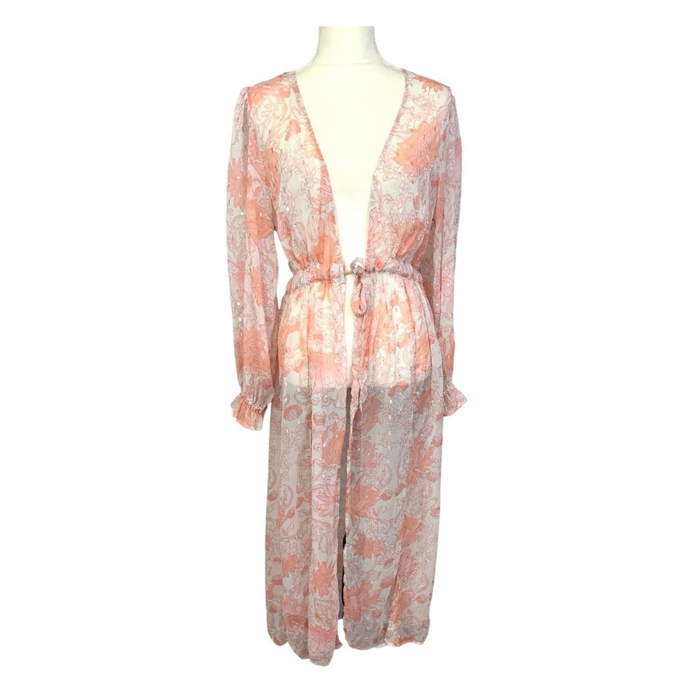 Express Sz M/L Sheer Floral Peach Gold Accents Drawstring Cover Up Robe Duster